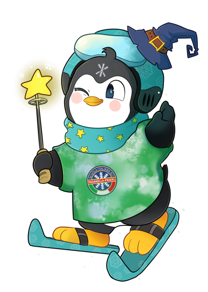 Paggy Magic Gang: pinguino verde con cappello da mago sullo snowboard