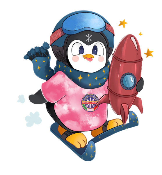 Paggy, il pinguino mascotte della scuola, con tuta rosa e un razzo, pronto a partire sugli sci