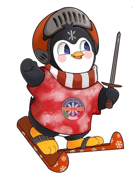 Paggy Warriors: pinguino rosso con casco e spada sullo snowboard