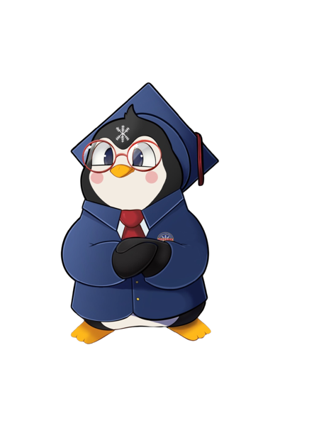 Paggy, il pinguino mascotte della scuola, con toga e tocco da laurea