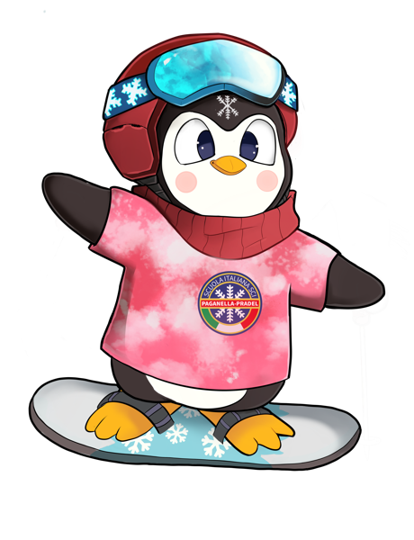 Paggy su uno snowboard, mascotte dei corsi di snowboard